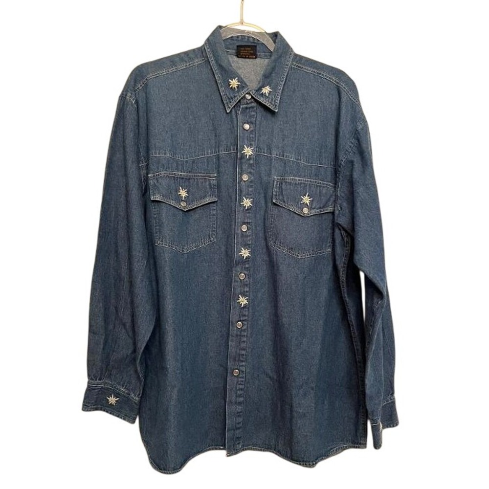 Ronweil Womens Embroidered Floral Denim Shirt L Pearl Snap Cowgirl Cotton Blue
